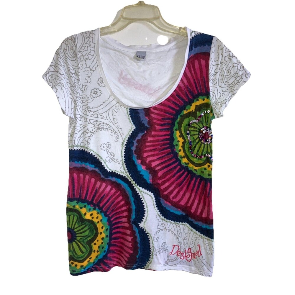 DESIGUAL sz M Colorful Sequin Embroidered Distressed Short Sleeve T Shirt Top